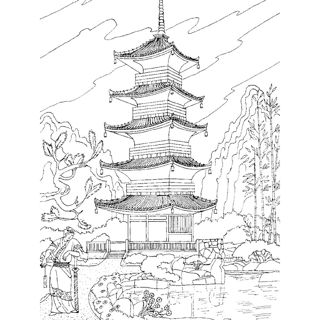 A person in traditional Japanese clothing stands near a garden pond with a tall, five-tiered pagoda towering in a landscape of mountains and bamboo trees.