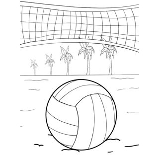 A large volleyball rests on the sandy beach in front of a row of palm trees and a volleyball net stretched across the background.