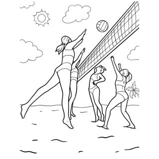 Four female players compete in a beach volleyball match on a sunny day, with one player jumping high near the net to hit the ball over to the opposing side.
