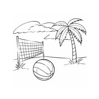 A volleyball rests on the ground in front of a net, set against a tropical beach environment with a palm tree and clouds in the background.