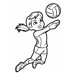 A young girl with a ponytail wearing a sports uniform and knee pads leaps into the air to hit a volleyball with both hands extended.
